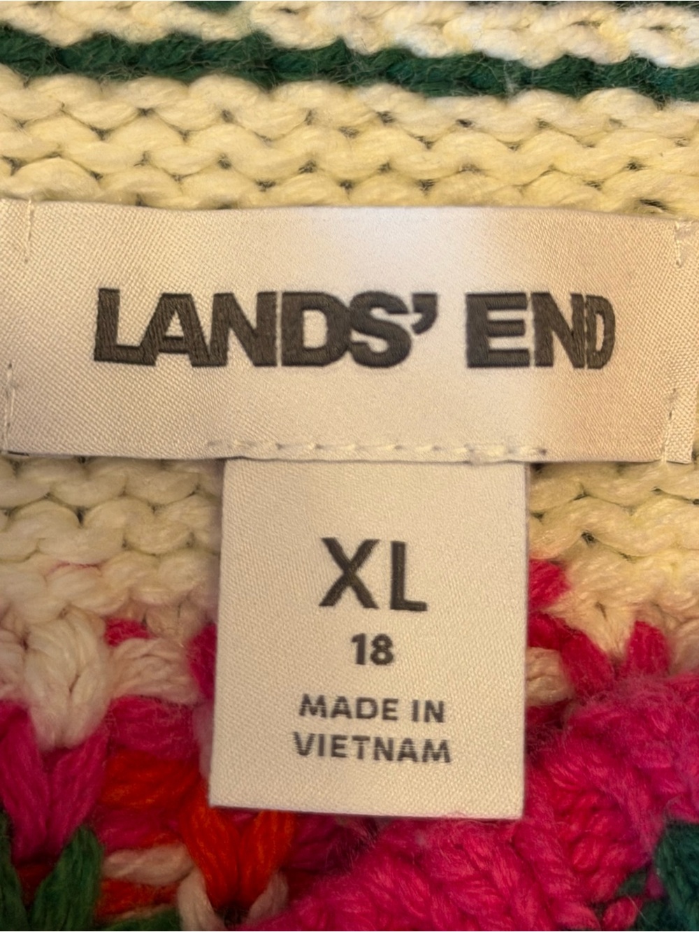 Lands’ End Lofty Birdseye Fair Isle Cardigan Sweater XL Green/Pink Grandmacore - Picture 6 of 8